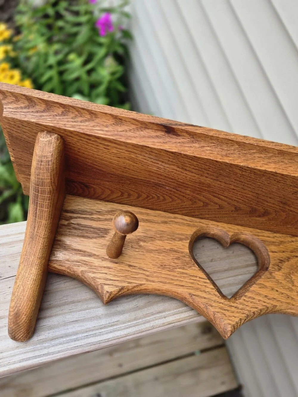 Wood Oak Heart Cutout Peg Wall Shelf Vintage